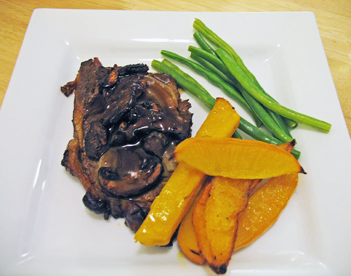 Slow Baked Steak, with turnip chips and green beans Slow Baked Steak, with turnip chips and green beans